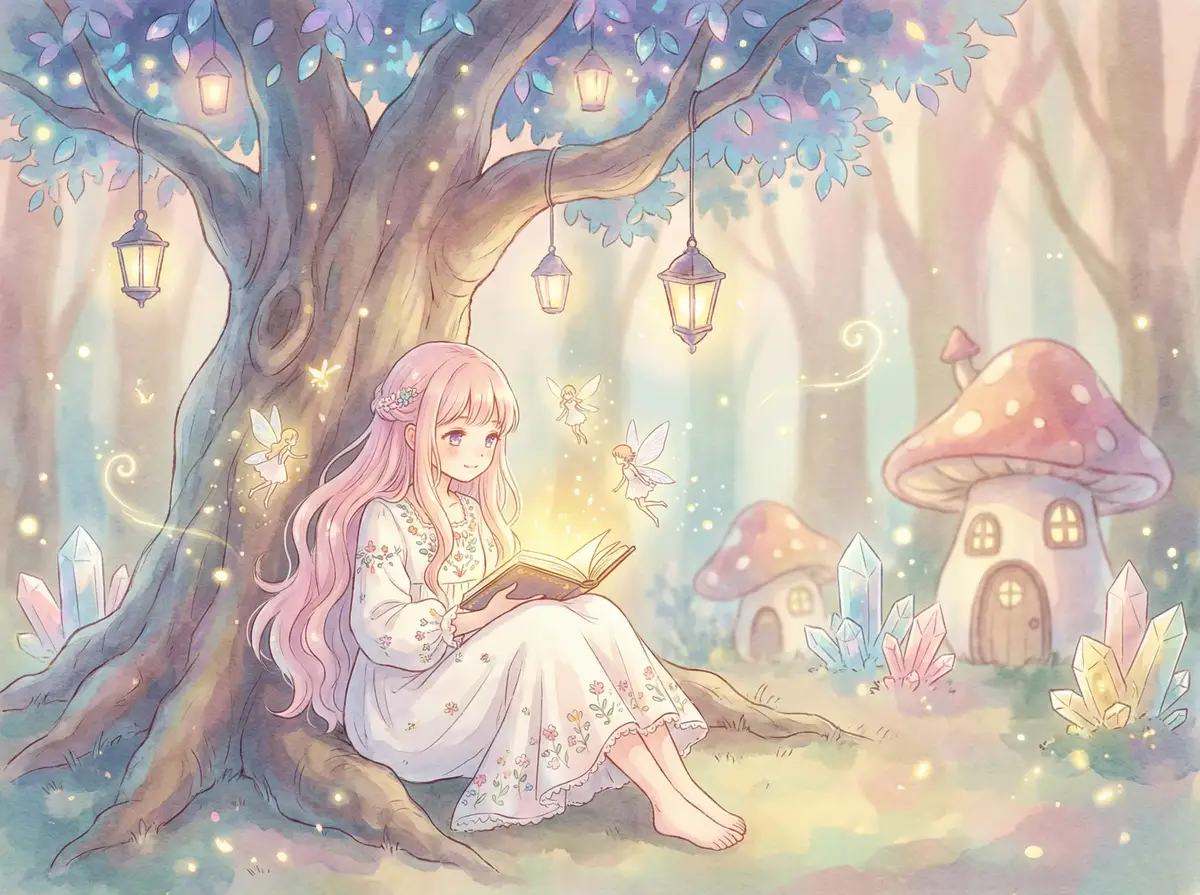 双腿打开吮花蒂 - 魔法森林中阅读故事书的粉发少女与精灵